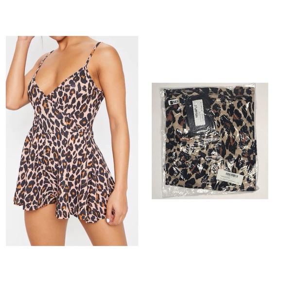 Tan leopard print crepe stappy wrap playsuit - Picture 1 of 7